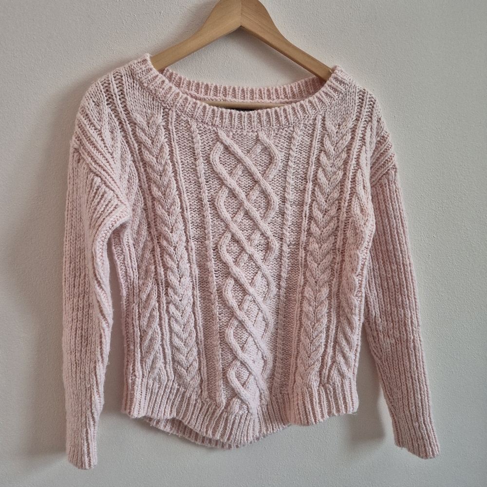 Wool Blend 50% Fisherman Cableknit Sweater By Banana Republic Soft Pink Small